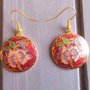 Vintage Authentic Cloisonné 24k Gold Plated Etched Drop Dangle Earrings